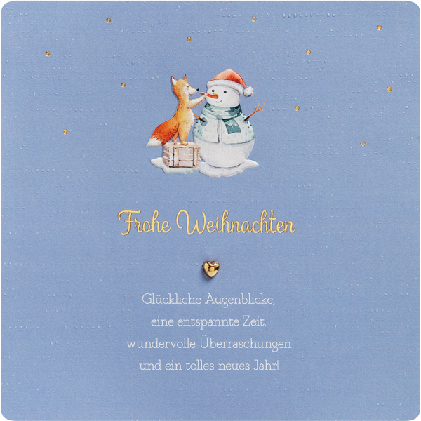 Weihnachten Finest unverpackte quadratische Weihnachtskarte mit Umschlag Fuchs Schneemann Goldherz Blindprägung