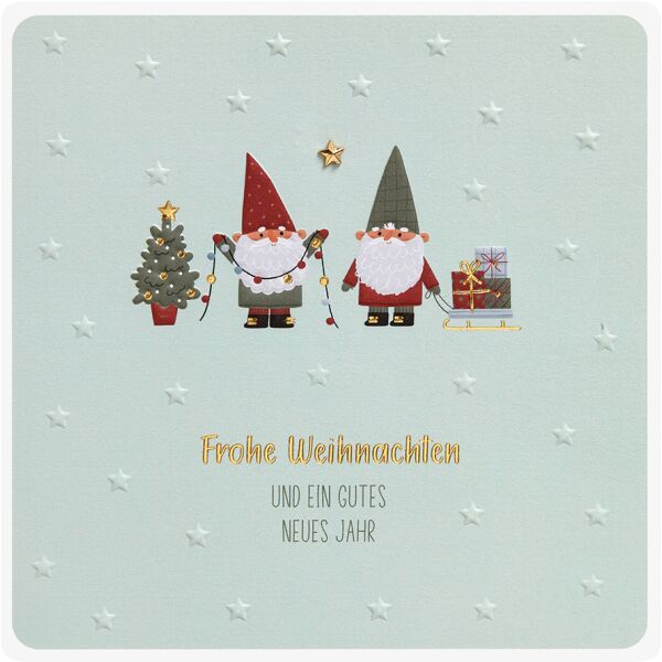 Weihnachten Finest unverpackte quadratische Weihnachtskarte mit Umschlag Wichtel Lichterkette Schlitten Sterne Blindprägung