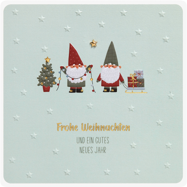 Weihnachten Finest unverpackte quadratische Weihnachtskarte mit Umschlag Wichtel Lichterkette Schlitten Sterne Blindprägung