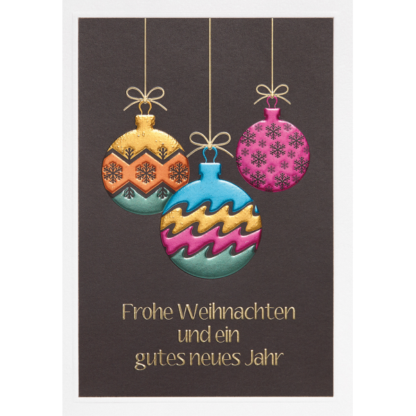 Weihnachten Prisma unverpackte Weihnachtskarte mit Umschlag Christbaumkugeln mit Blindprägung Frohe Weihnachten