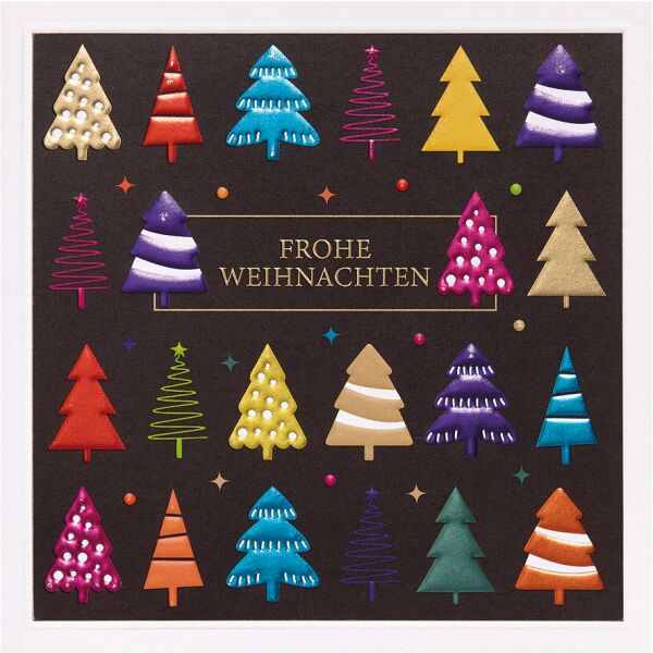 Weihnachten Prisma quadratische unverpackte Weihnachtskarte mit Umschlag bunte Tannenbäume mit Blindprägung Frohe Weihnachten