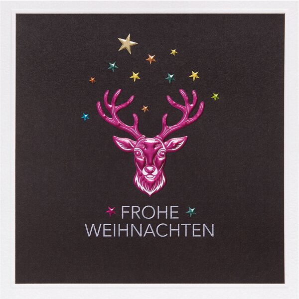 Weihnachten Prisma quadratische unverpackte Weihnachtskarte mit Umschlag Hirsch Rentier Sterne Frohe Weihnachten mit Blindprägung