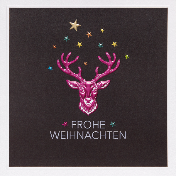 Weihnachten Prisma quadratische unverpackte Weihnachtskarte mit Umschlag Hirsch Rentier Sterne Frohe Weihnachten mit Blindprägung