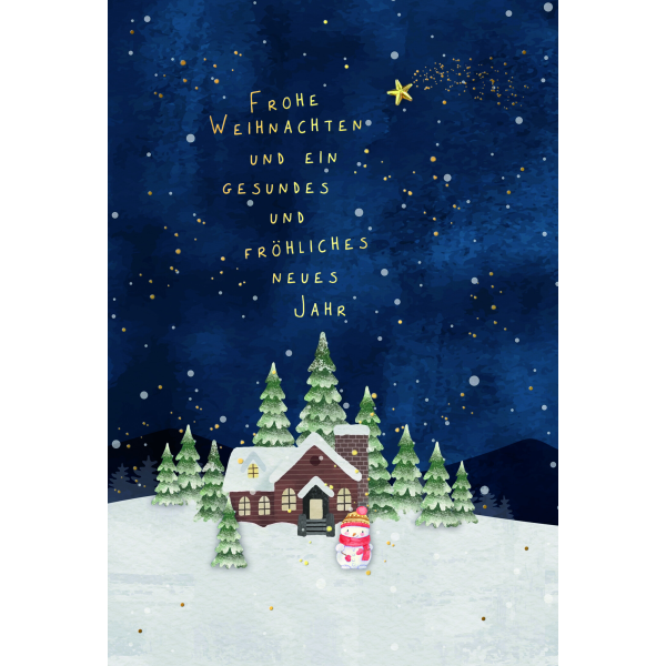 Weihnachten Handmade Weihnachtskarte mit Briefumschlag Haus Schneemann Tannenbäume Frohe Weihnachten