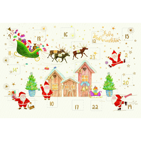 Adventskalenderkarte mit Briefumschlag Skorpions Art Rentierschlitten Weihnachtsmann Häuser Frohe Weihnachten