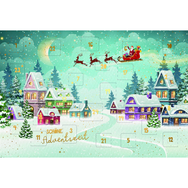 Adventskalenderkarte mit Briefumschlag Rentierschlitten Stadt Schöne Adventszeit