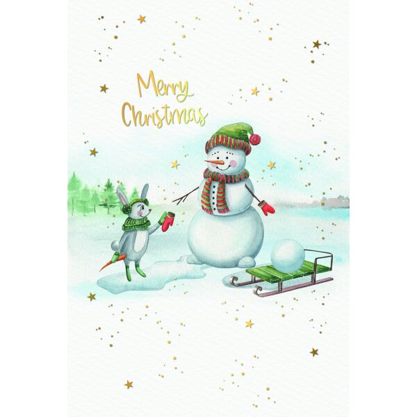 Weihnachten Weihnachtskarte mit Briefumschlag Schneemann Hase Schlitten Wald See Merry Christmas