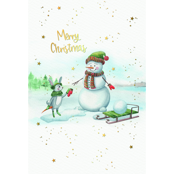 Weihnachten Weihnachtskarte mit Briefumschlag Schneemann Hase Schlitten Wald See Merry Christmas