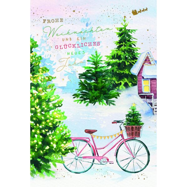 Weihnachten Weihnachtskarte mit Briefumschlag Fahrrad Nadelbäume Frohe Weihnachten