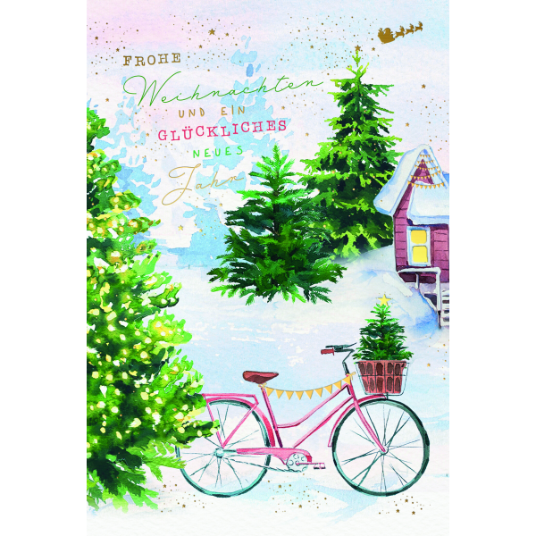Weihnachten Weihnachtskarte mit Briefumschlag Fahrrad Nadelbäume Frohe Weihnachten