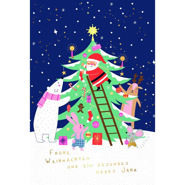 Weihnachten Weihnachtskarte mit Briefumschlag Weihnachtsmann Tiere schmücken Weihnachtsbaum Frohe Weihnachten
