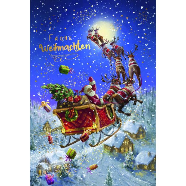 Weihnachten Weihnachtskarte mit Briefumschlag Rentierschlitten Weihnachtsmann wirft Geschenke Frohe Weihnachten