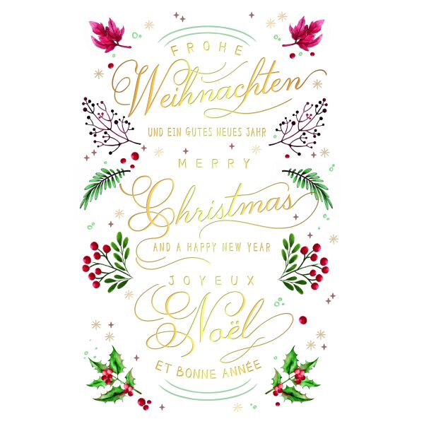 Weihnachten Weihnachtskarte mit Briefumschlag Zweige Goldschrift Merry Christmas Joyeux Noel