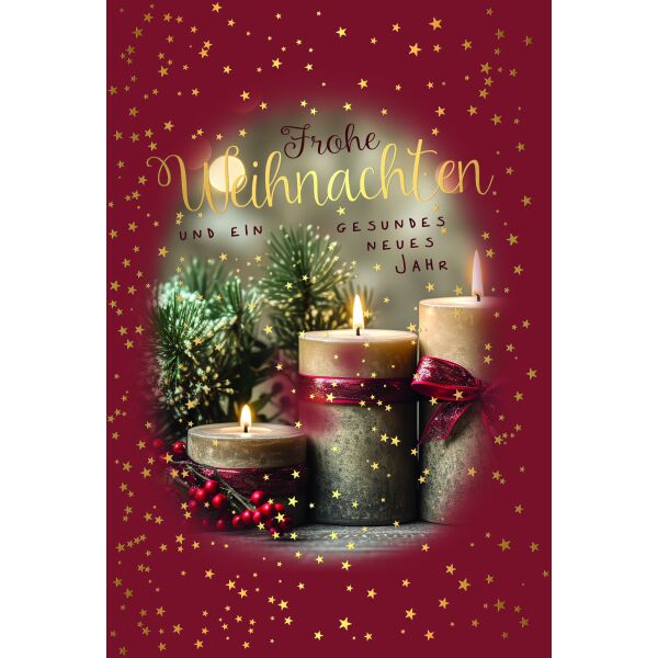 Weihnachten Weihnachtskarte mit Briefumschlag brennende Kerzen Tannenzweige Frohe Weihnachten