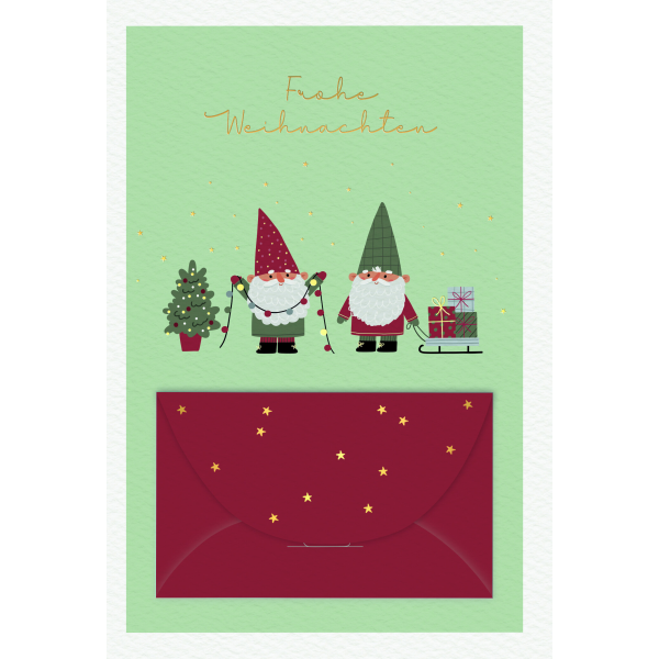 Weihnachten Geldkarte Weihnachtskarte mit Briefumschlag Wichtel Lichterkette Schlitten Frohe Weihnachten