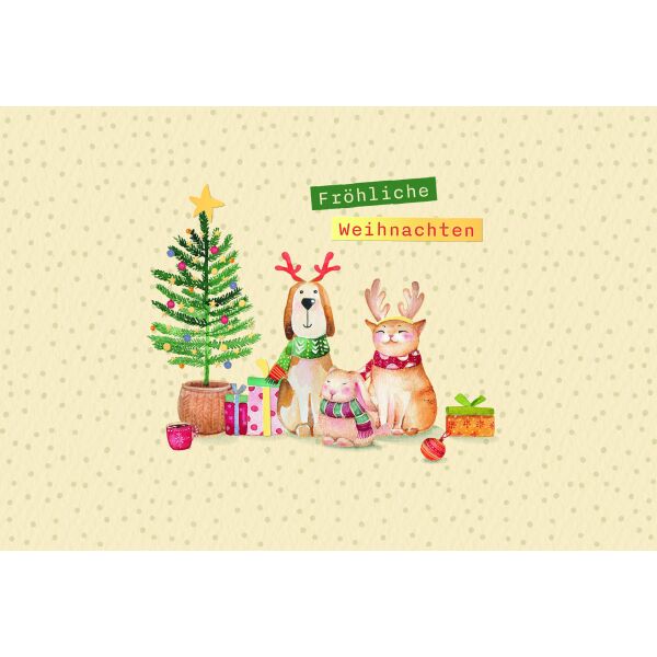 Weihnachten Weihnachtskarte mit Briefumschlag Hund Katze Hase vor Tannenbaum Fröhliche Weihnachten