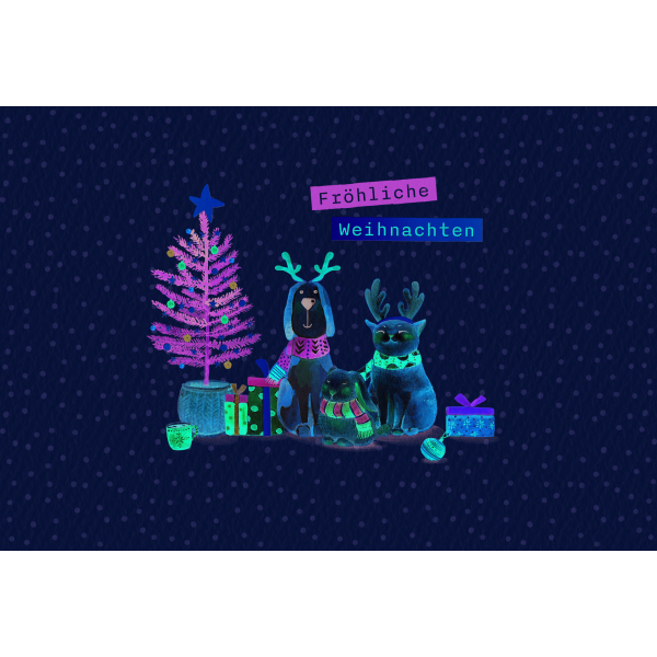 Weihnachten Weihnachtskarte mit Briefumschlag Hund Katze Hase vor Tannenbaum Fröhliche Weihnachten
