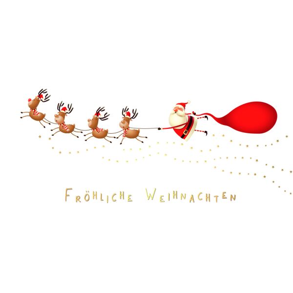 Weihnachten Minikarte Weihnachtskarte mit Briefumschlag Rentiere ziehen Weihnachtsmann mit Sack