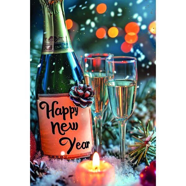 Neujahr Weihnachtskarte mit Briefumschlag Sektflasche mit Sektgläsern Happy New Year