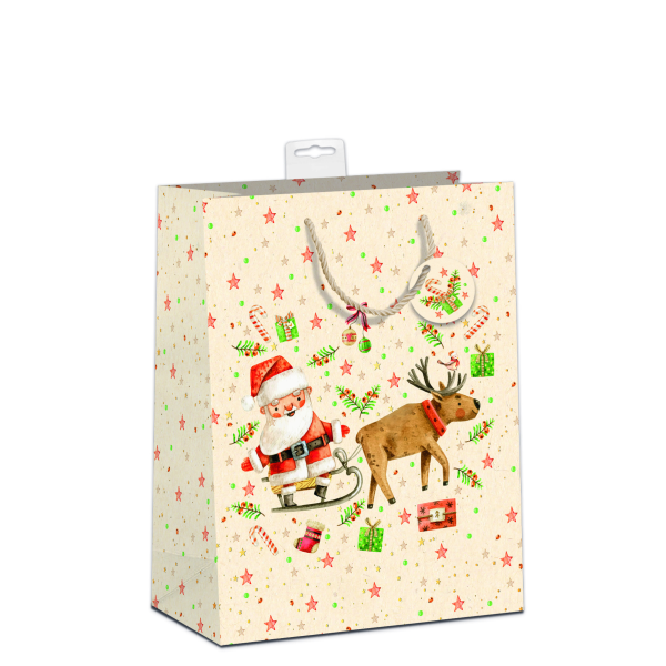 Weihnachten 6 Geschenktaschen Large A4-Format UVP € 29,70 Pro Tüte € 4,95 Zuckerrohrpapier Weihnachtsmann auf Schlitten mit Rentier