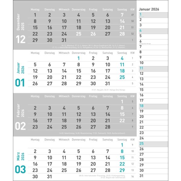 Kalender 2026 - tm 4-Monatsplaner türkis