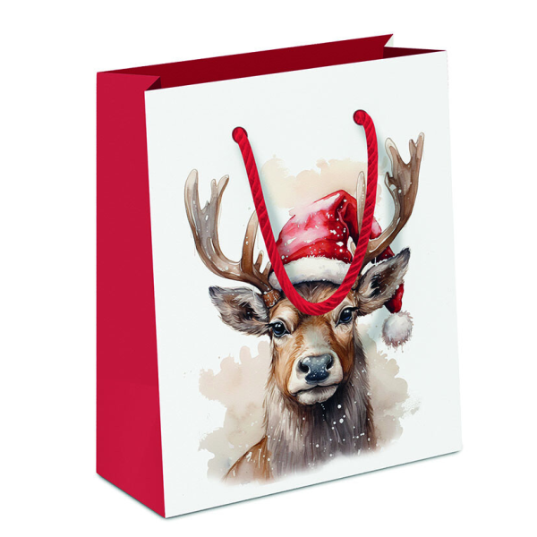 Weihnachten Geschenktasche A5-Format Hirsch mit Weihnachtsmütze