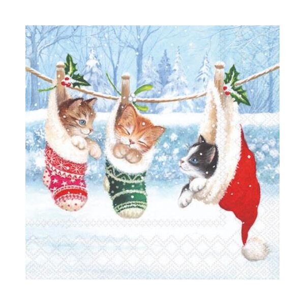 Weihnachten Servietten 25x25 cm 3-lagig 20 Stück Kitten in winterland FSC Mix  Katzen in Socken an Leine