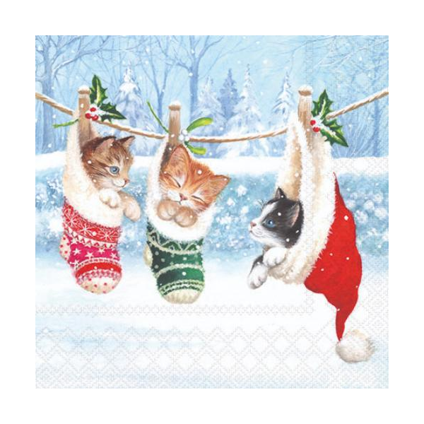 A-2026 Weihnachten Servietten 25x25 cm 3-lagig 20 Stück Kitten in winterland FSC Mix  Katzen in Socken an Leine