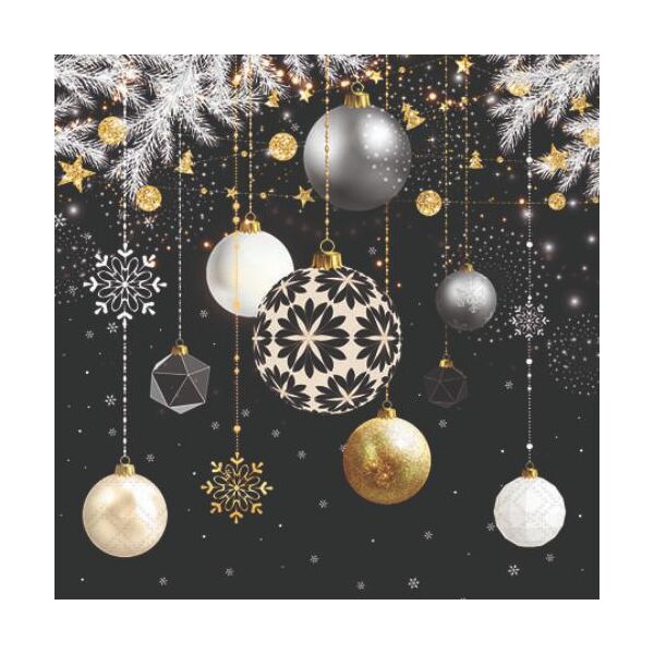 Weihnachten Servietten 25x25 cm 3-lagig 20 Stück Christmas baubles black FSC Mix  Baumschmuck auf schwarzem Grund