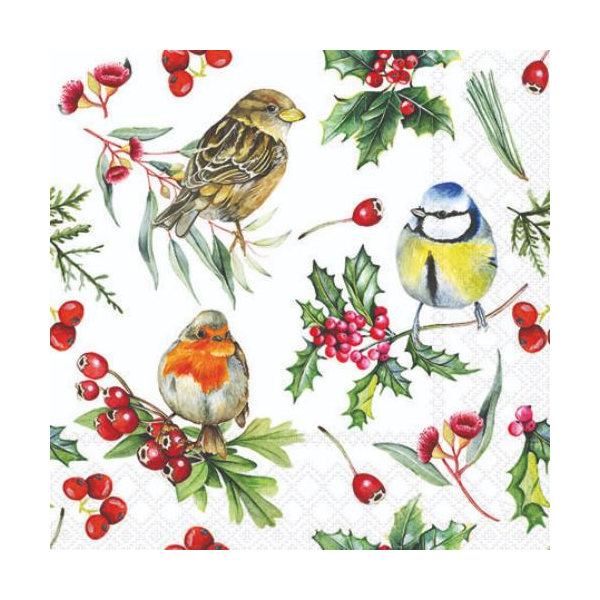 Weihnachten Servietten 25x25 cm 3-lagig 20 Stück Vögel auf Mistelzweigen