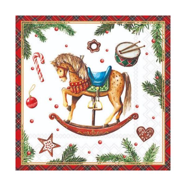 Weihnachten Servietten 25x25 cm 3-lagig 20 Stück Classic rocking horse white FSC Mix  Schaukelpferd Weihnachtssymbole