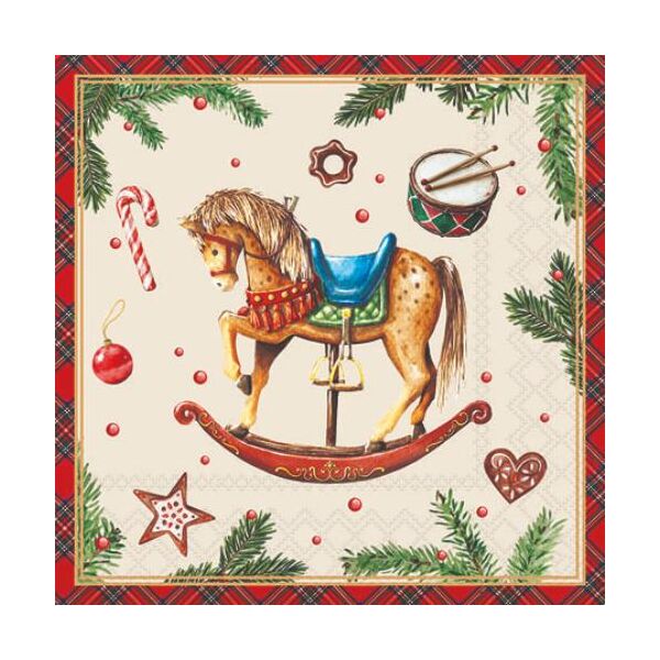 Weihnachten Servietten 25x25 cm 3-lagig 20 Stück Classic rocking horse cream FSC Mix  Schaukelpferd Weihnachtssymbole creme