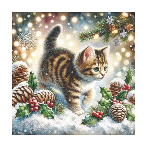 Weihnachten Servietten 25x25 cm 3-lagig 20 Stück Cute cat in the snow FSC Mix  Katze Schnee Tannenzapfen Ilex