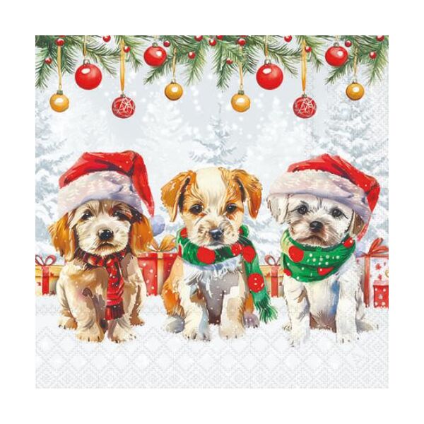 Weihnachten Servietten 25x25 cm 3-lagig 20 Stück Funny cute puppies FSC Mix  Hundewelpen Schnee Kugeln Geschenke
