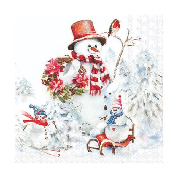 Weihnachten Servietten 25x25 cm 3-lagig 20 Stück Sporty snowmen FSC Mix  Schneeman Skifahren Rodeln