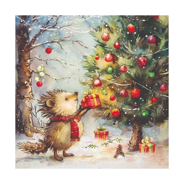 Weihnachten Servietten 25x25 cm 3-lagig 20 Stück Present for hedgehog FSC Mix  Igel Geschenke Weihnachtsbaum