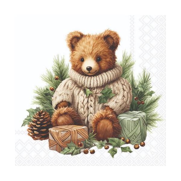 Weihnachten Servietten 25x25 cm 3-lagig 20 Stück Cuddle bear FSC Mix  Bär Geschenke Tannenzapfen