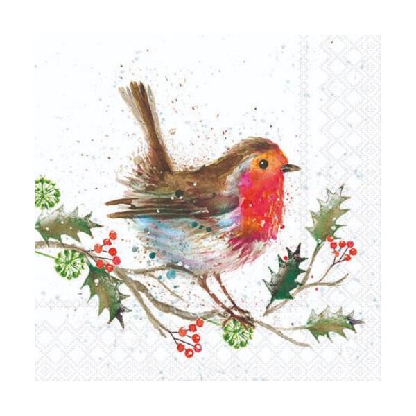 Weihnachten Servietten 25x25 cm 3-lagig 20 Stück Winter robin FSC Mix  Rotkehlchen Ilexzweig
