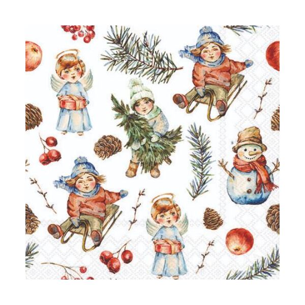 Weihnachten Servietten 25x25 cm 3-lagig 20 Stück Playing outside white FSC Mix  Engel Schlitten Kinder Weihnachtsbaum