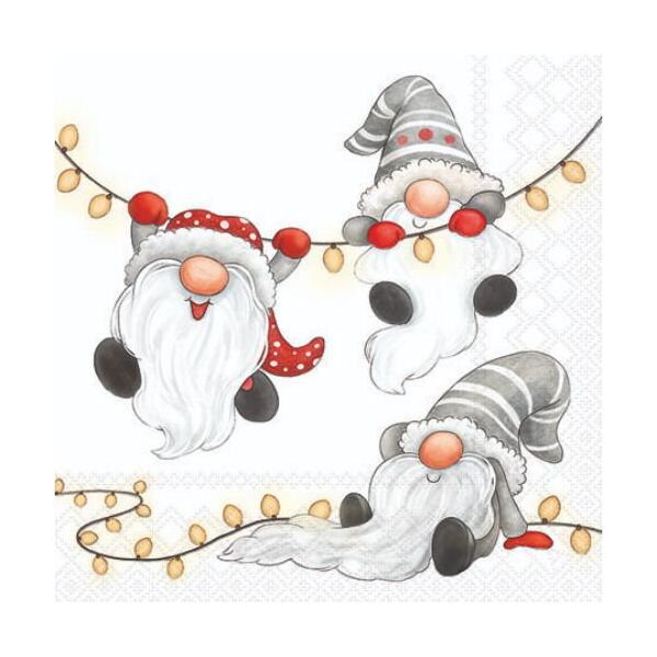 Weihnachten Servietten 25x25 cm 3-lagig 20 Stück Gnomes on the light chain white FSC Mix  Weihnachtsgnome Zwerge Wichtel Lichterkette