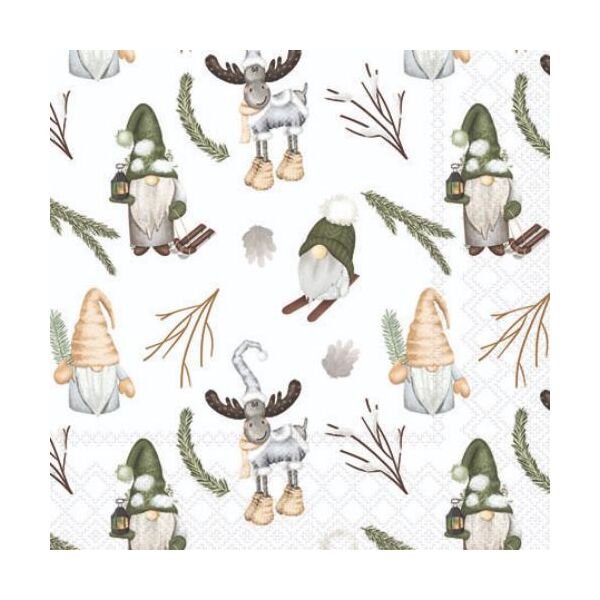 Weihnachten Servietten 25x25 cm 3-lagig 20 Stück Forest gnomes white FSC Mix  Waldzwerge Wichtel Elch & Gnom