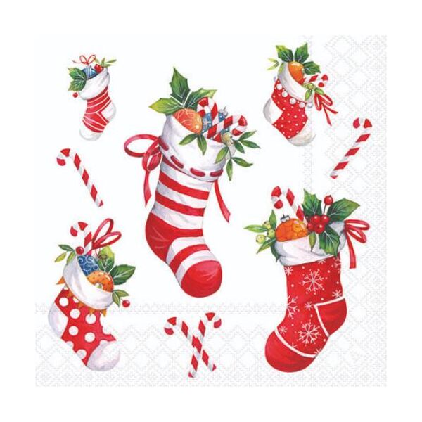 Weihnachten Servietten 25x25 cm 3-lagig 20 Stück X-Mas stockings white FSC Mix  Weihnachtsstiefel Zimtstange Nikolaus
