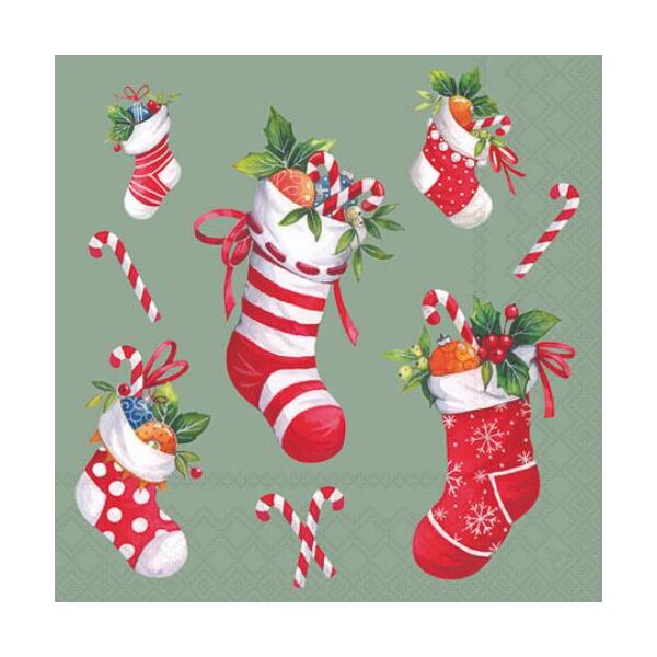 Weihnachten Servietten 25x25 cm 3-lagig 20 Stück X-Mas stockings sage FSC Mix  Weihnachtsstiefel Zimtstange Nikolaus grau