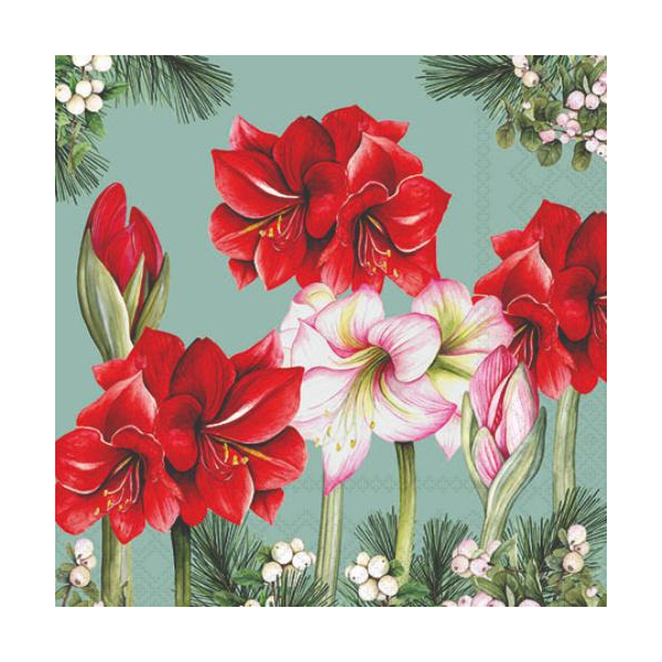 Weihnachten Servietten 25x25 cm 3-lagig 20 Stück Blooming amaryllis sage FSC Mix  Amaryllis Ritterstern grau