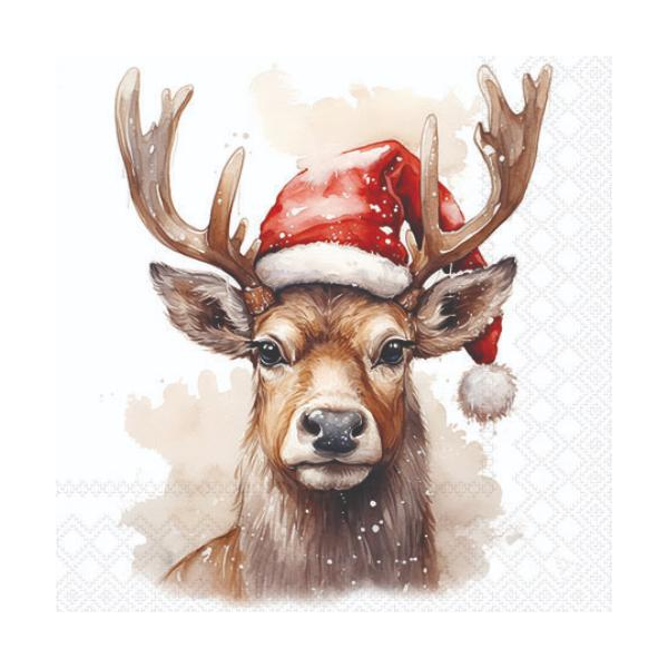 Weihnachten Servietten 25x25 cm 3-lagig 20 Stück Deer with Santa hat white FSC Mix  Hirsch mit Weihnachtsmütze