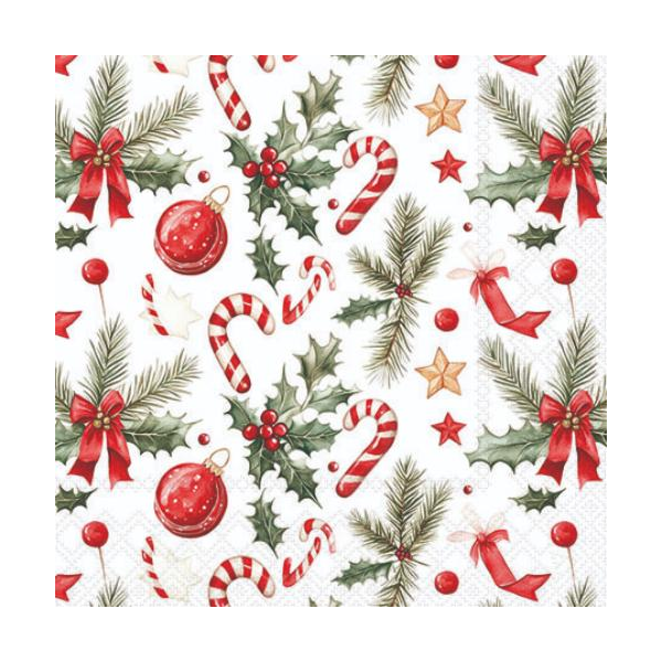 Weihnachten Servietten 25x25 cm 3-lagig 20 Stück Christmas elements FSC Mix  Symbole Ilex Zimtstange Kugeln