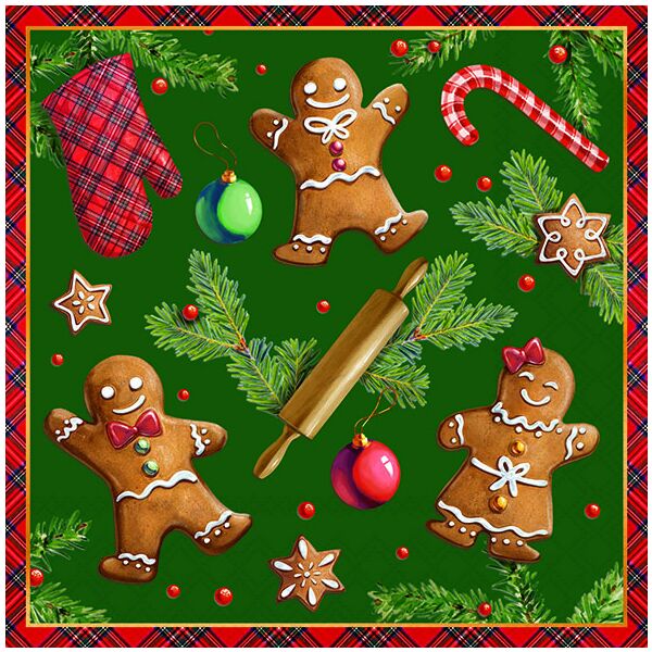 Weihnachten Servietten 33x33 cm 3-lagig 20 Stück Gingerbread cookies green FSC Mix  Lebkuchenman rot-grüner Untergrund