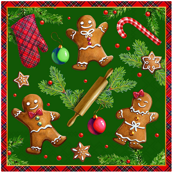 Weihnachten Servietten 33x33 cm 3-lagig 20 Stück Gingerbread cookies green FSC Mix  Lebkuchenman rot-grüner Untergrund
