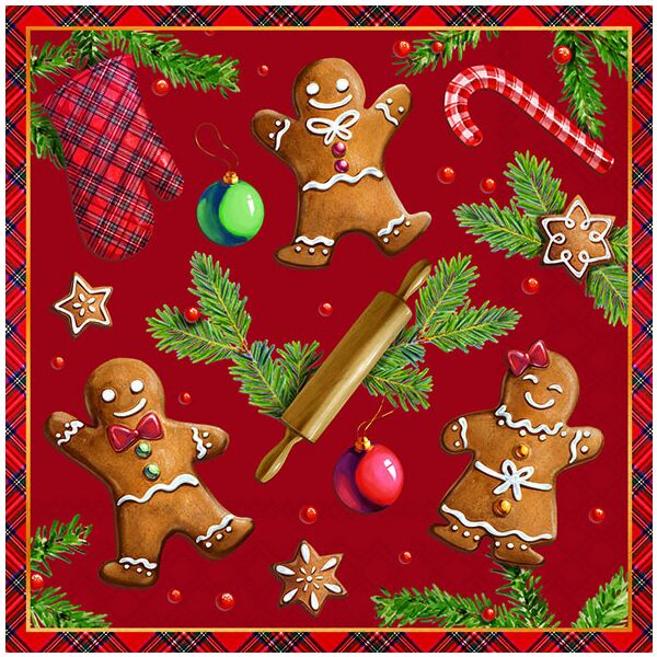 Weihnachten Servietten 33x33 cm 3-lagig 20 Stück Gingerbread cookies red FSC Mix  Lebkuchenmann roter Untergrund