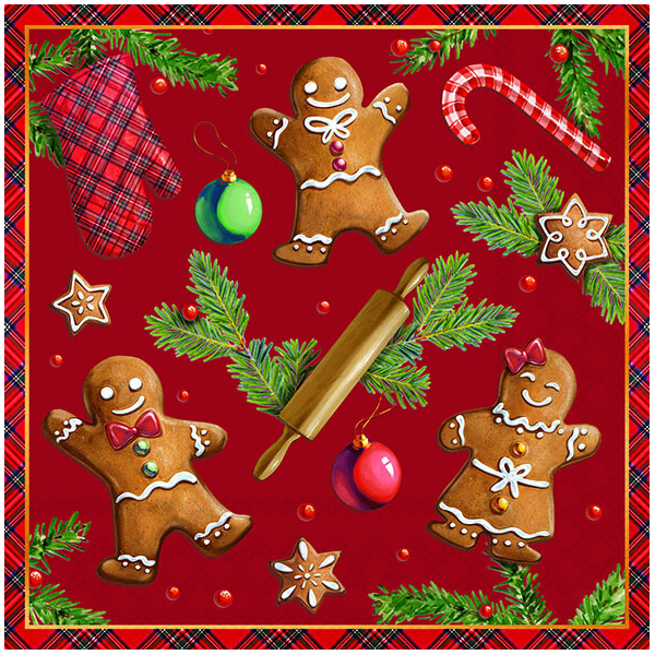 Weihnachten Servietten 33x33 cm 3-lagig 20 Stück Gingerbread cookies red FSC Mix  Lebkuchenmann roter Untergrund